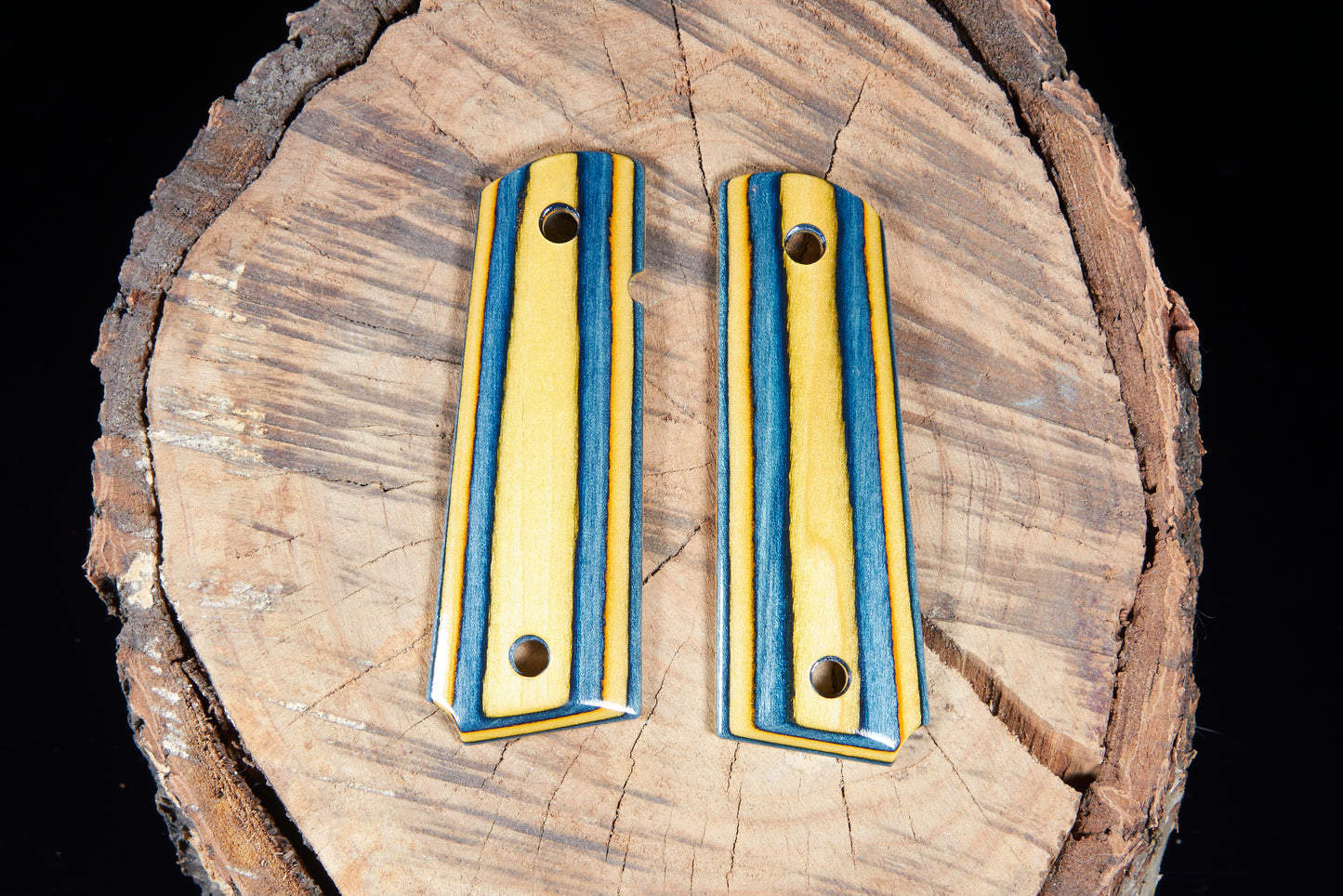 1911 Full-Size Grips – Yellow & Blue Laminated Wood (Not for Compact Models)