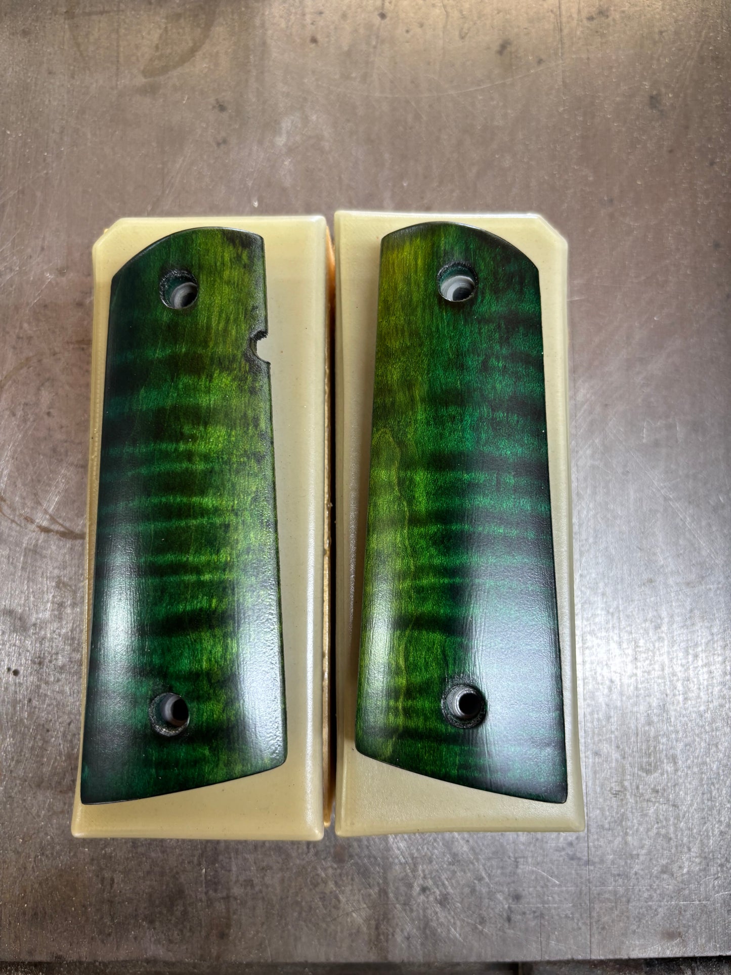 Two Sets Made-to-Order 1911 Full Magwell Grips – Bookmatched Curly Maple with Black Sand-Off Finish