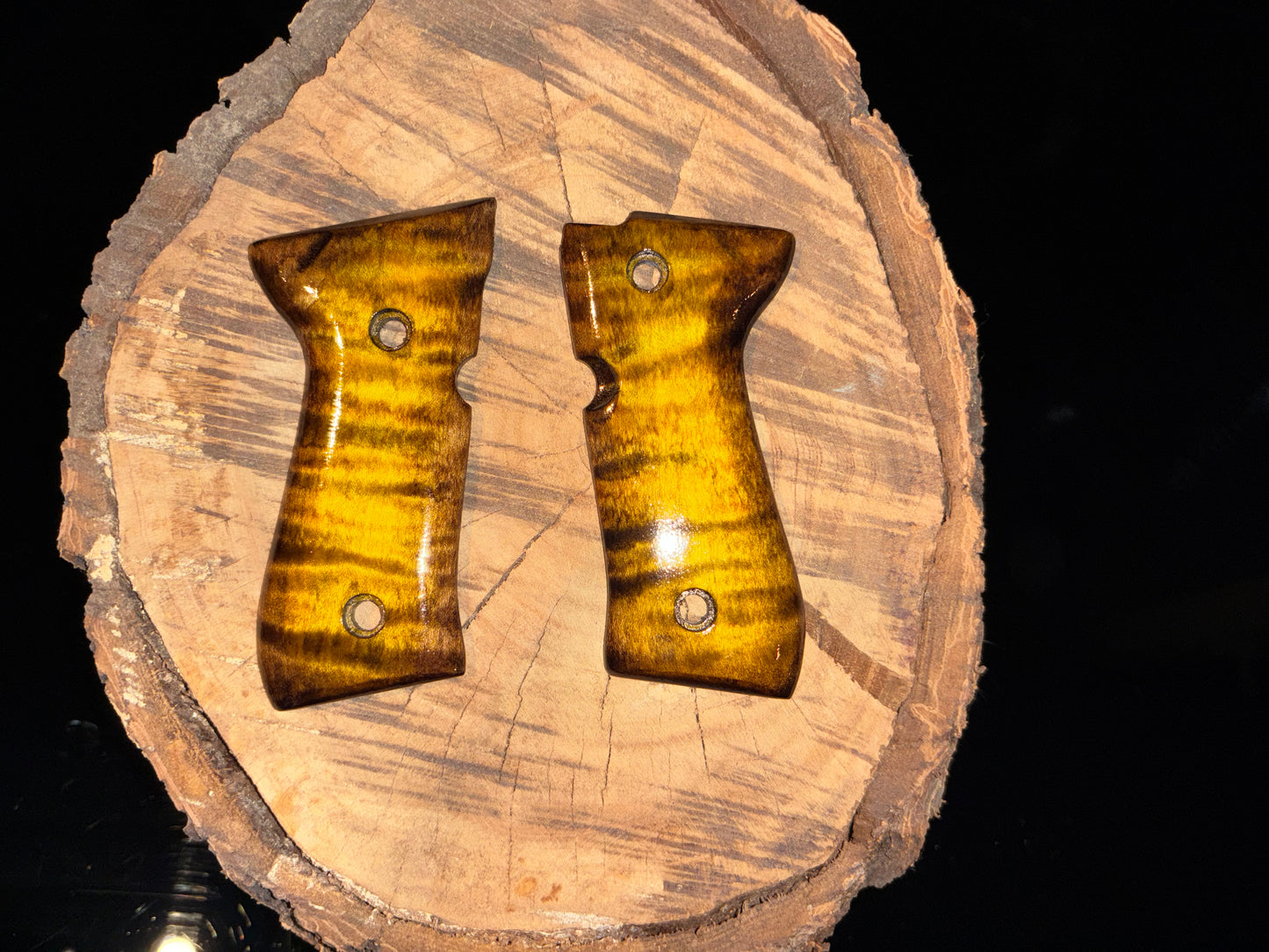 Premium Curly Maple Wood Grips for Beretta 92/96 FS – Black Sand-Off Dyed Finish