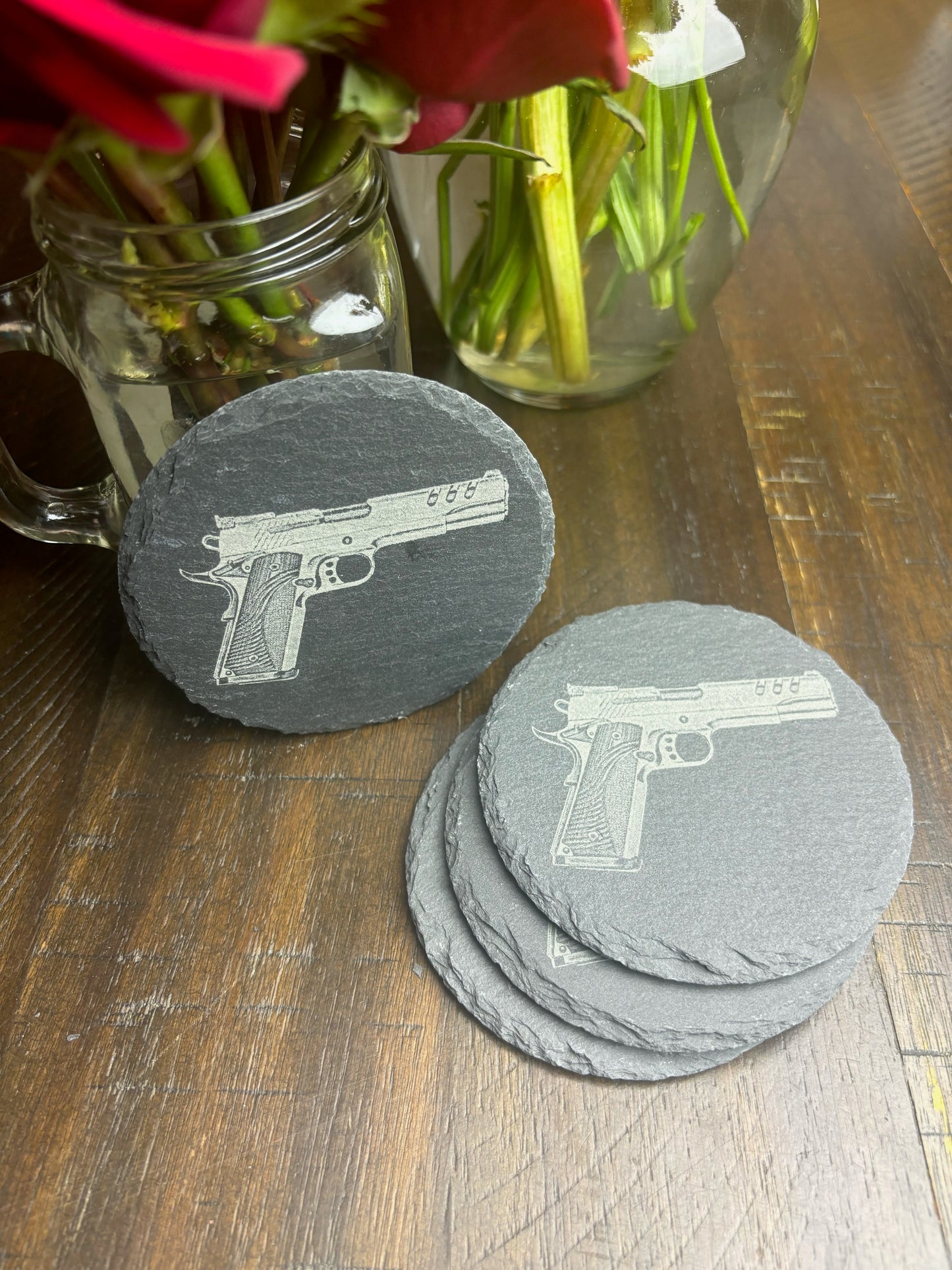 4Pcs Coaster Set 4" Round Slate Drink Coasters- Laser Engraved 1911