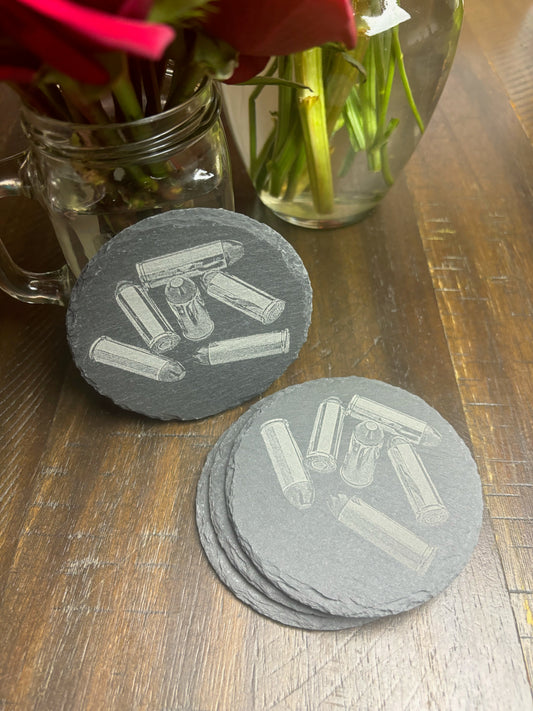 4Pcs Coaster Set 4" Round Slate Drink Coasters- Laser Engraved Bullets