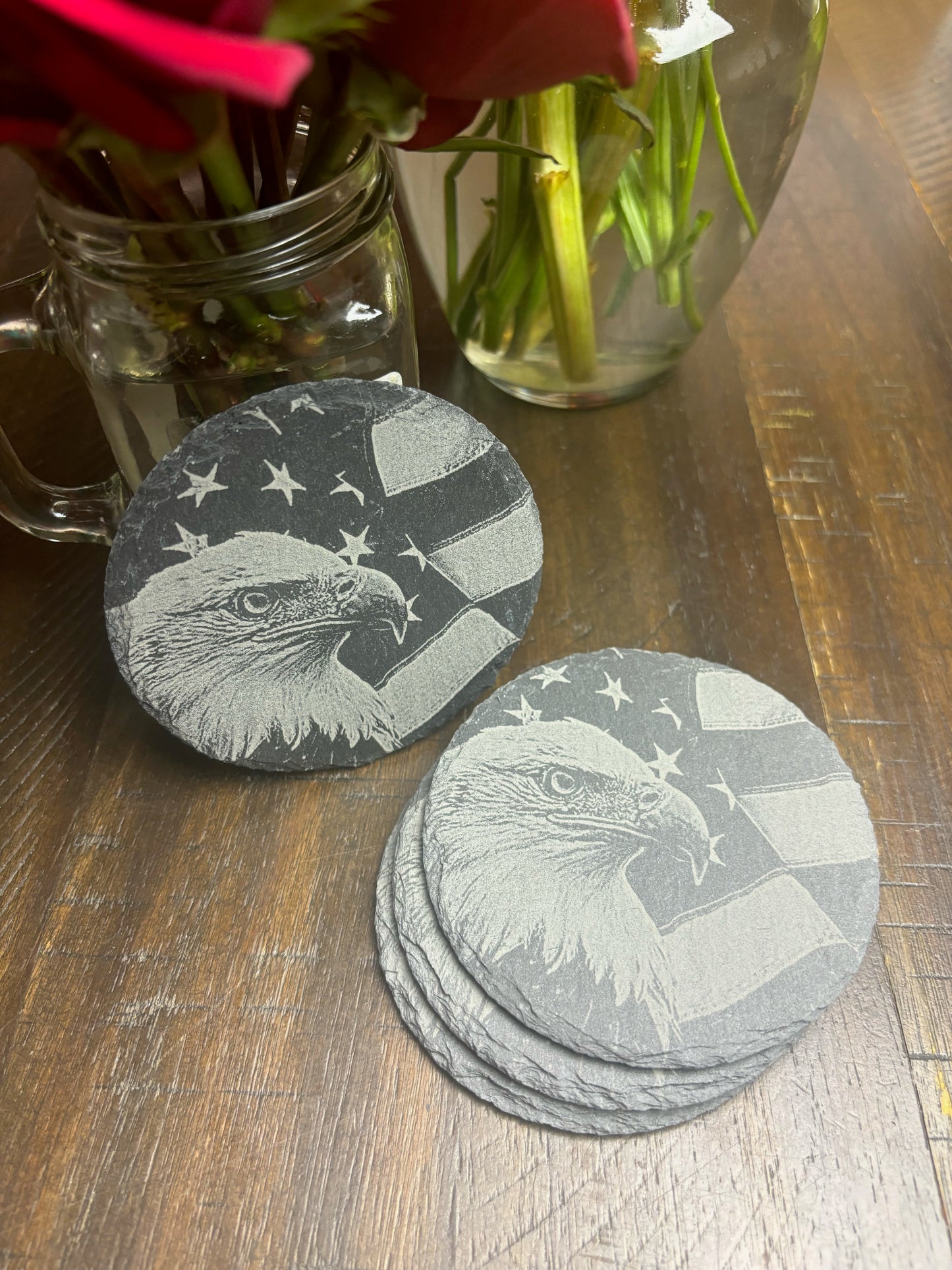 4Pcs Coaster Set 4" Round Slate Drink Coasters- Laser Engraved American Eagle 2