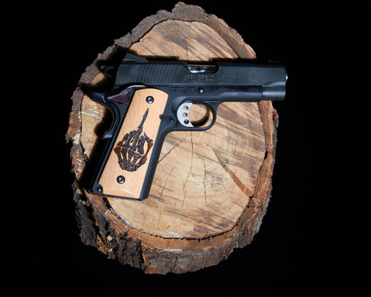 1911 grips Maple wood with laser etched pattern. Middle Finger Bones