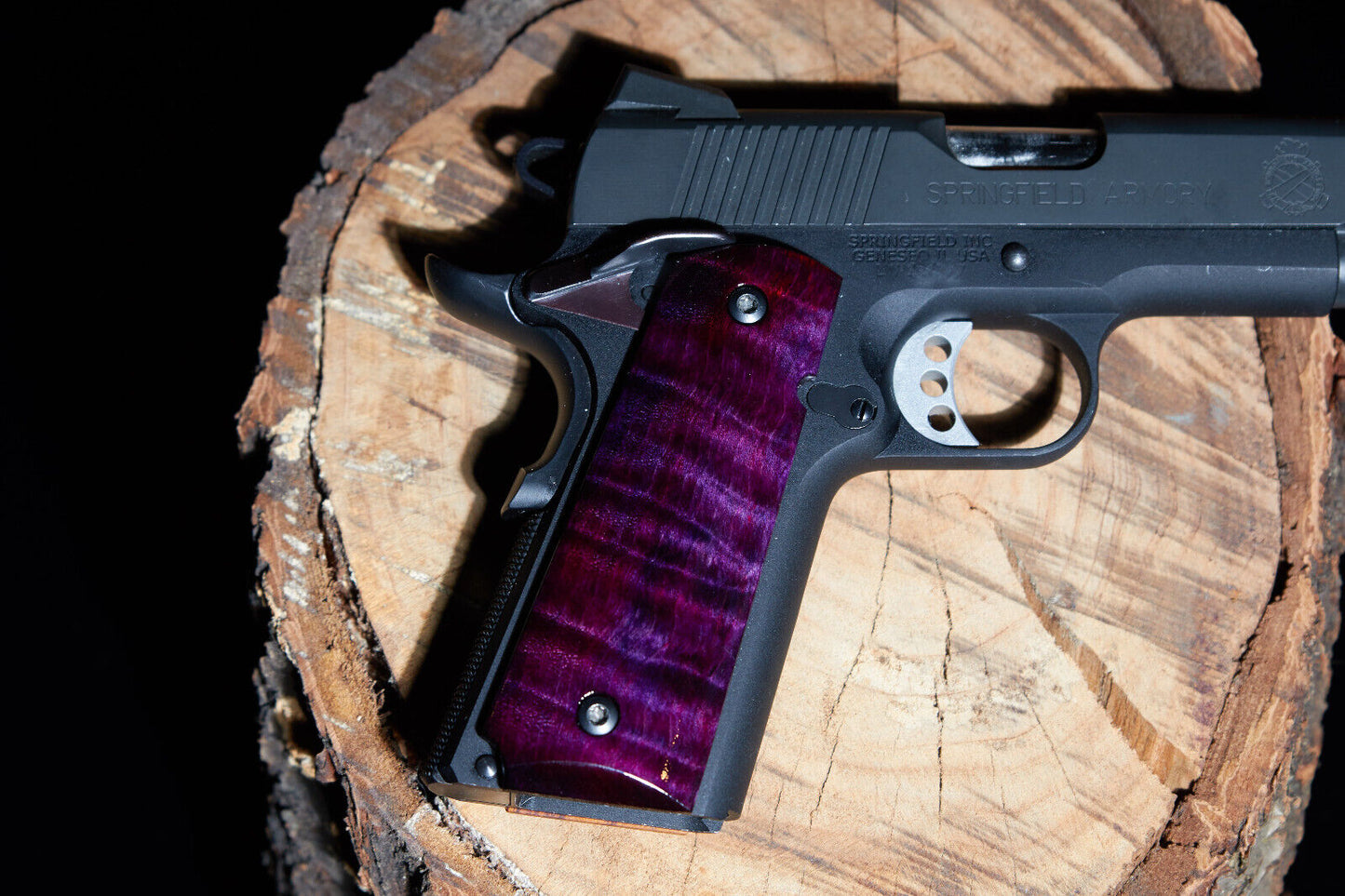 1911 grips Book-matched Curly Maple, Black sand off with Purple