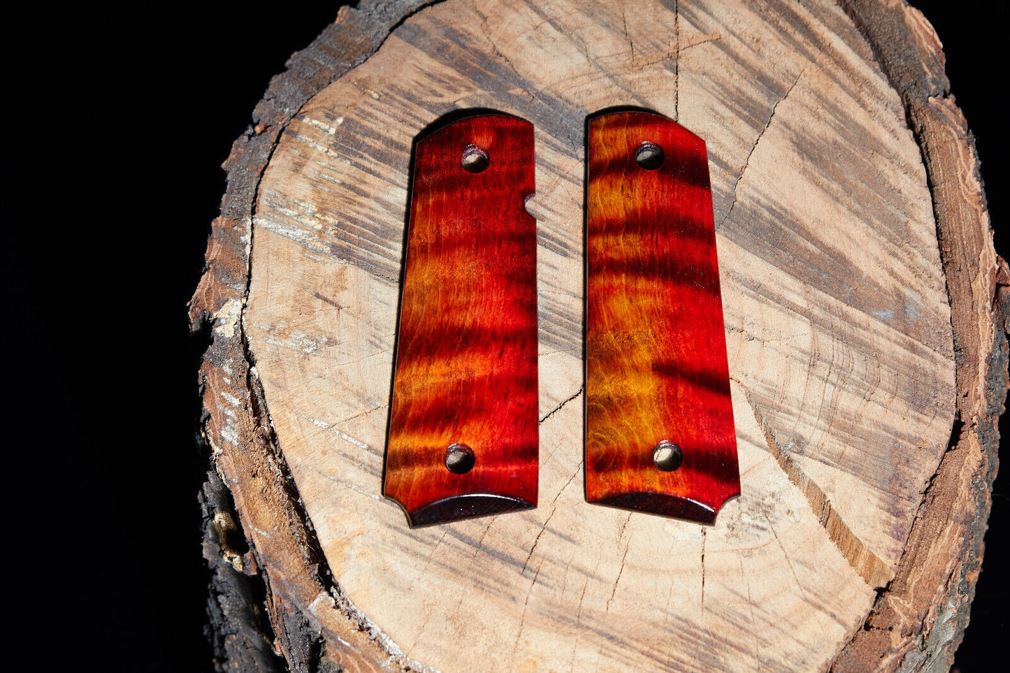 1911 grips Book-matched Curly Maple, Black sand off with Red