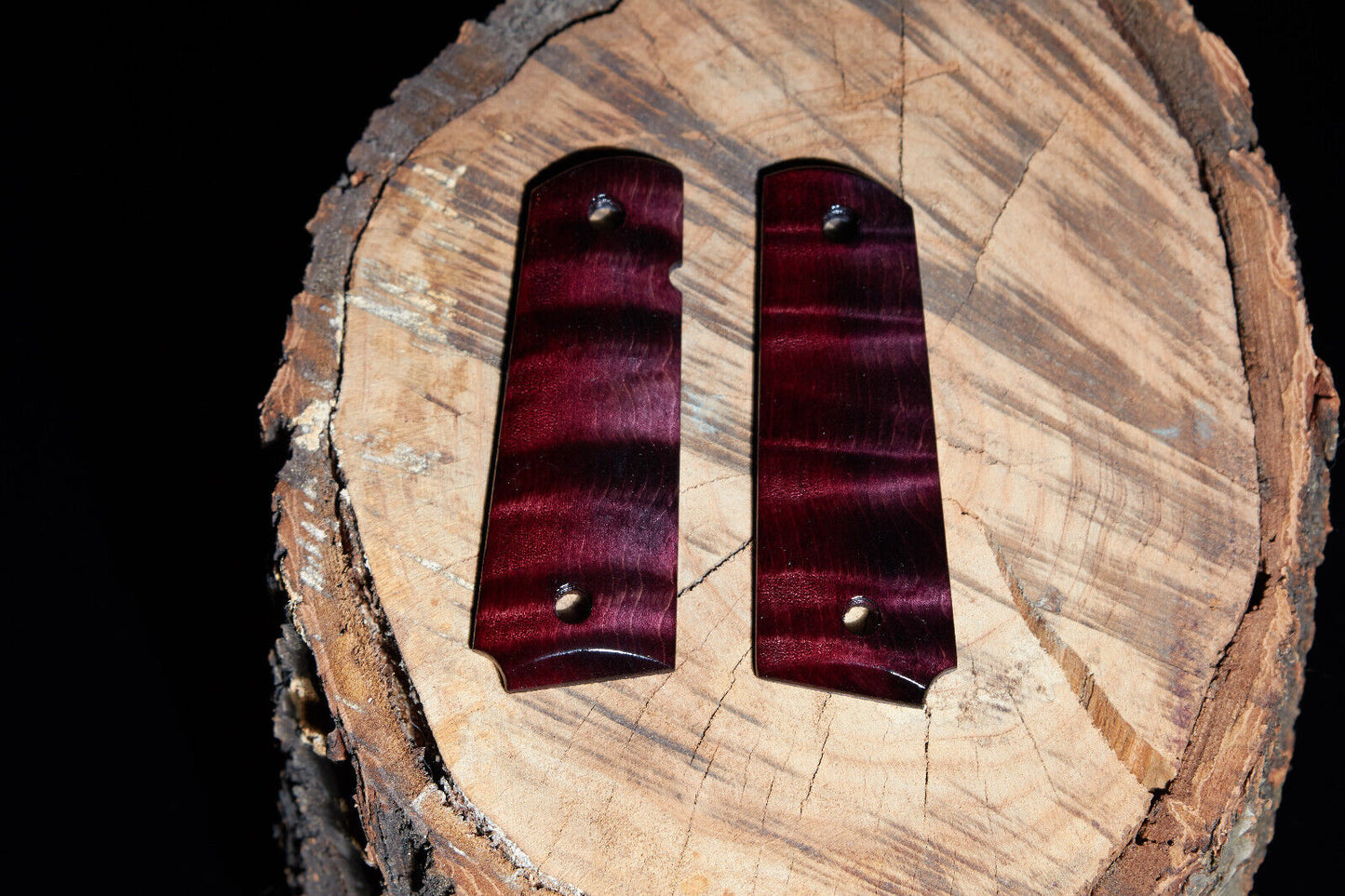 1911 grips Book-matched Curly Maple, Black sand off with Purple