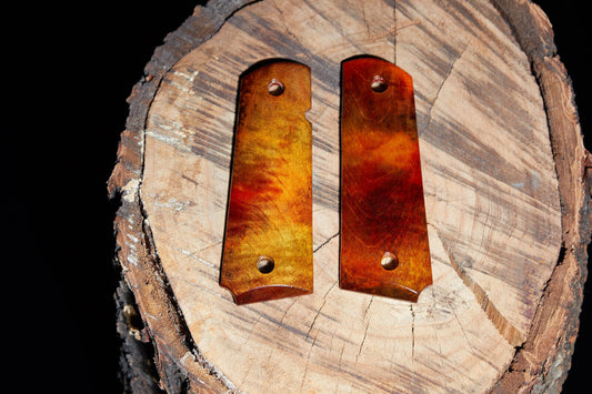 1911 grips Book-matched Figured Maple, Black sand off with Red, Orange