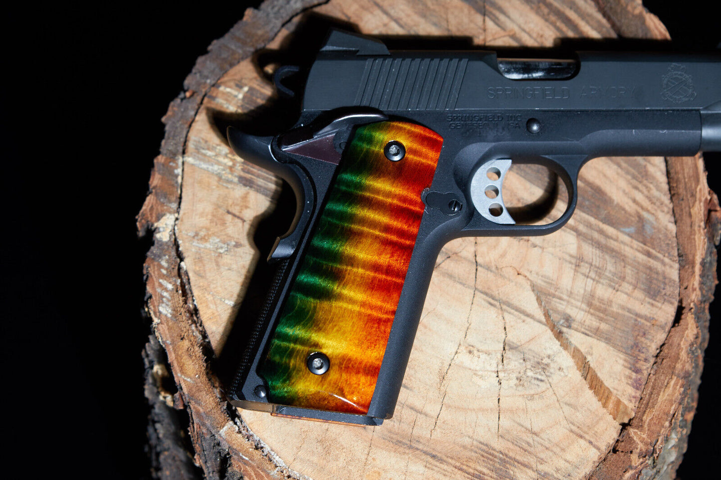 1911 grips Book-matched Curly Maple, Black sand off with Green, Orange, Red