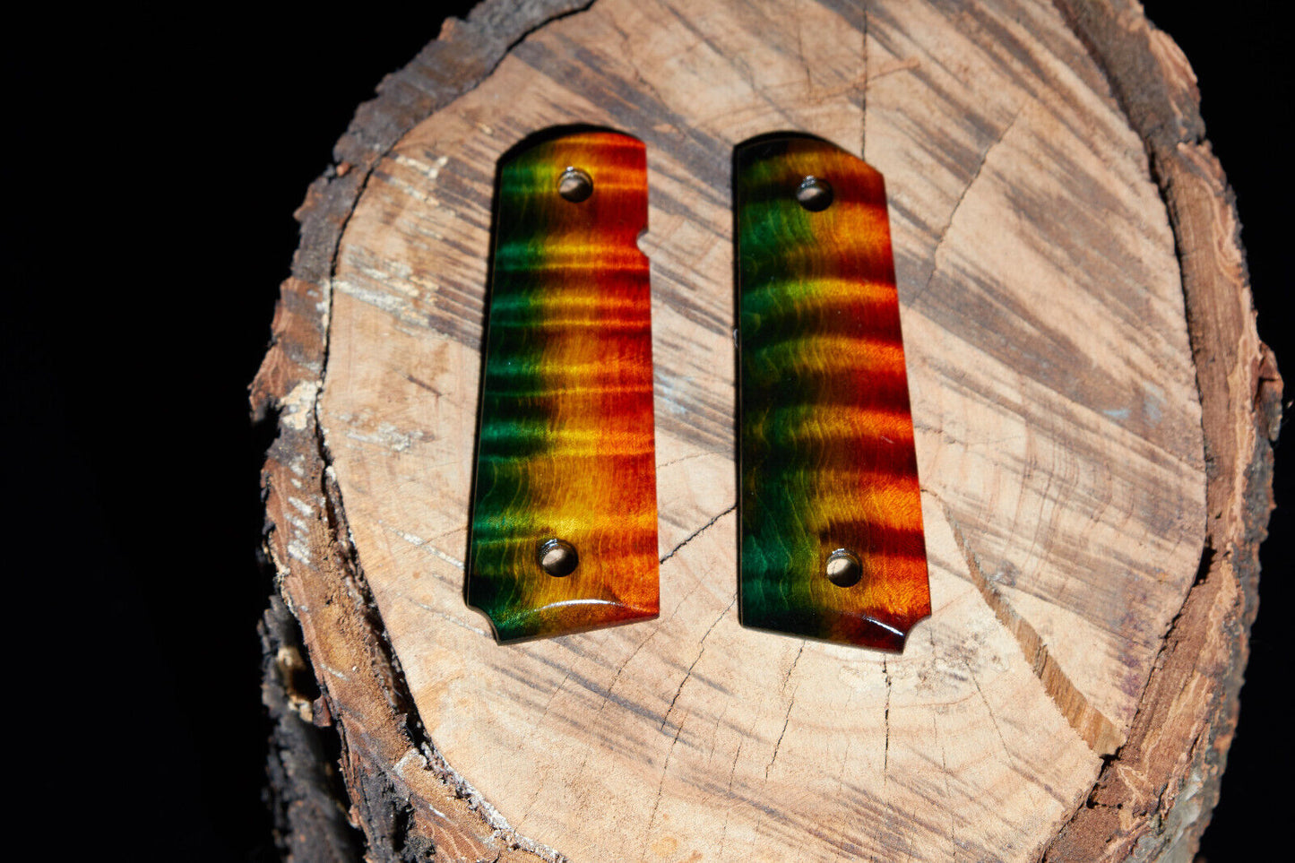 1911 grips Book-matched Curly Maple, Black sand off with Green, Orange, Red