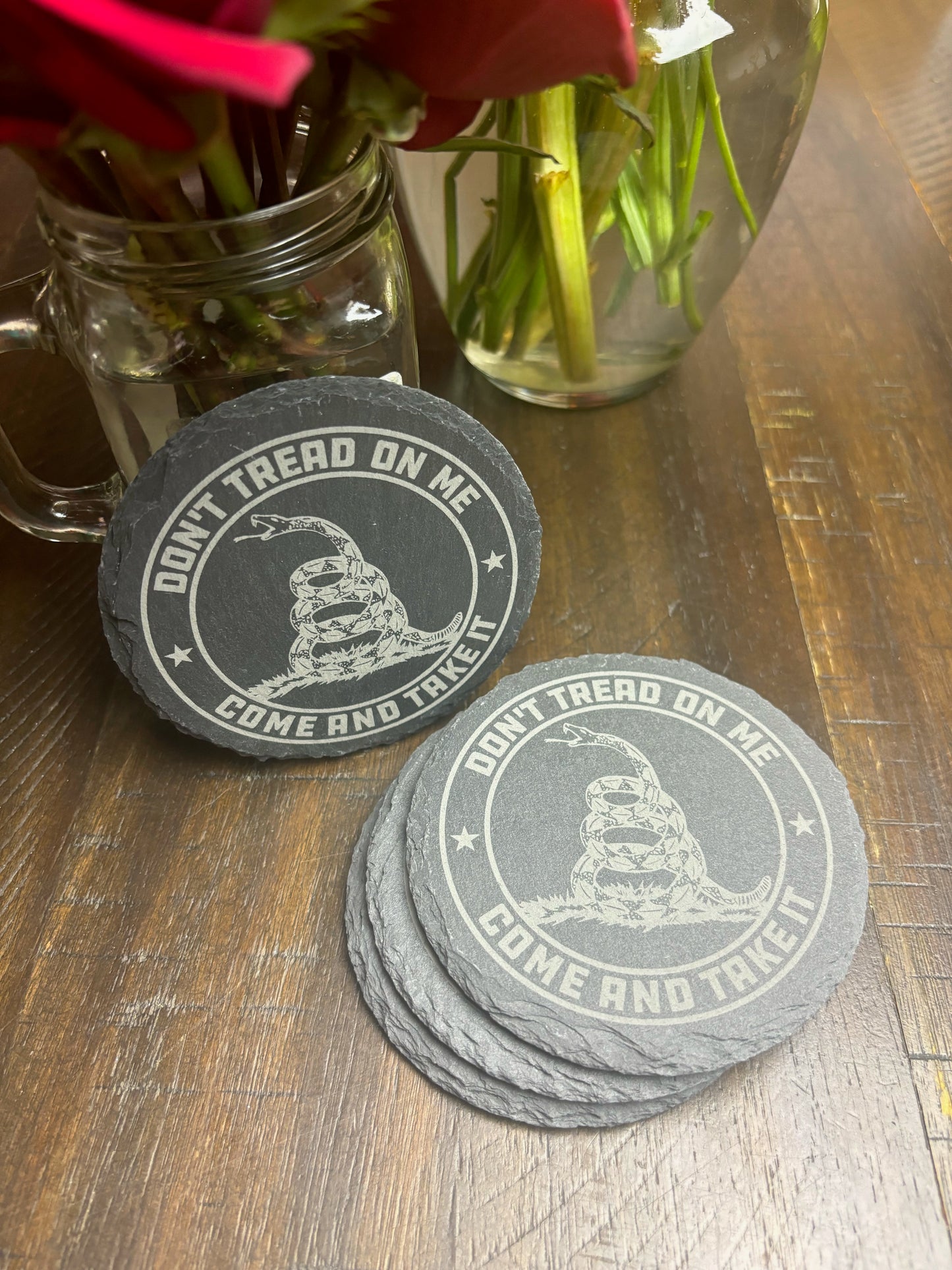 4Pcs Coaster Set 4" Round Slate Drink Coasters- Laser Engraved Gadsden Flag