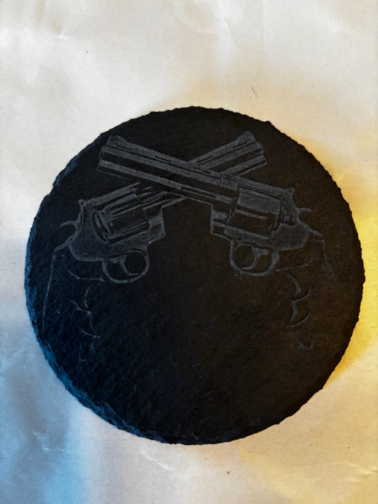 4Pcs Coaster Set 4" Round Slate Drink Coasters- Laser Engraved Double Revolver