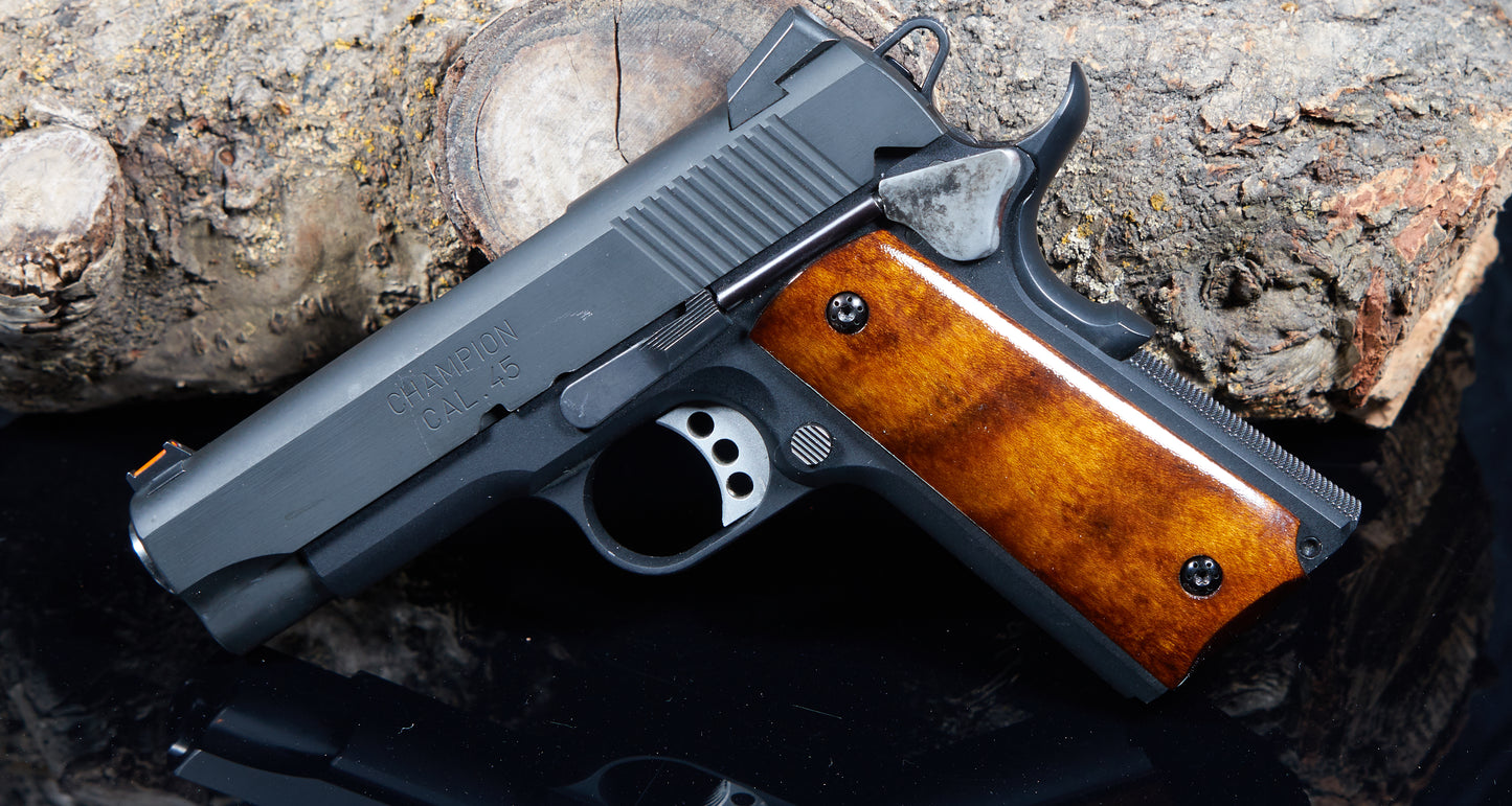 1911 Full-Size Curly Maple Pistol Grips – Black Sand-Off Finish, CNC-Cut & Hand-Finished
