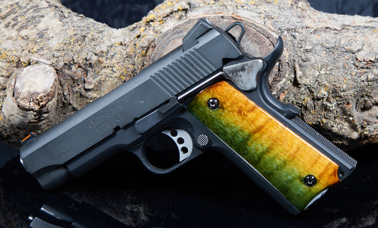 1911 Full-Size Curly Maple Pistol Grips – Black Sand-Off Finish, CNC-Cut & Hand-Finished