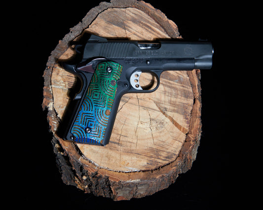 1911 grips Maple wood with laser etched pattern. Green faded to Blue