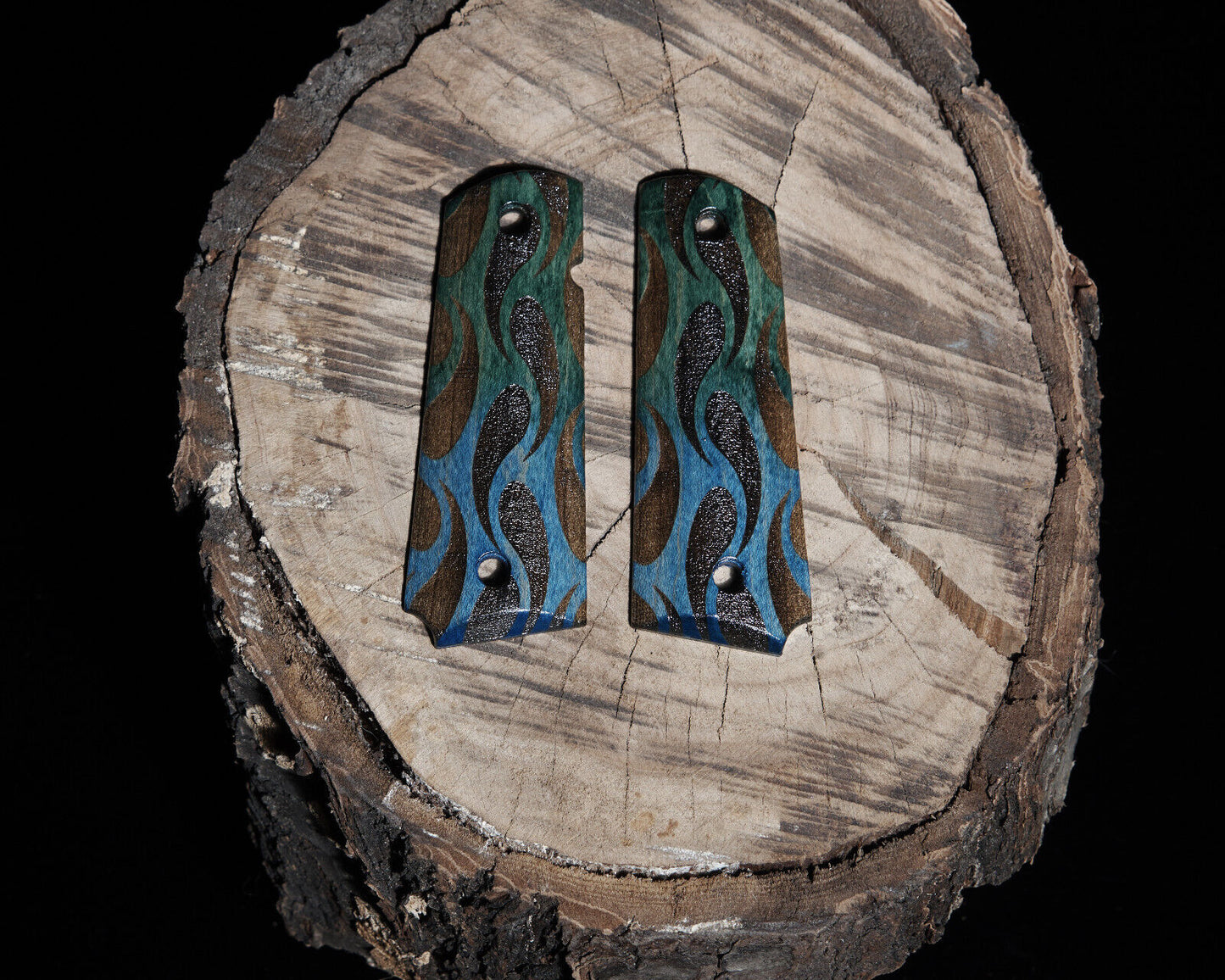 1911 grips Maple wood with laser etched pattern. Green faded to Blue