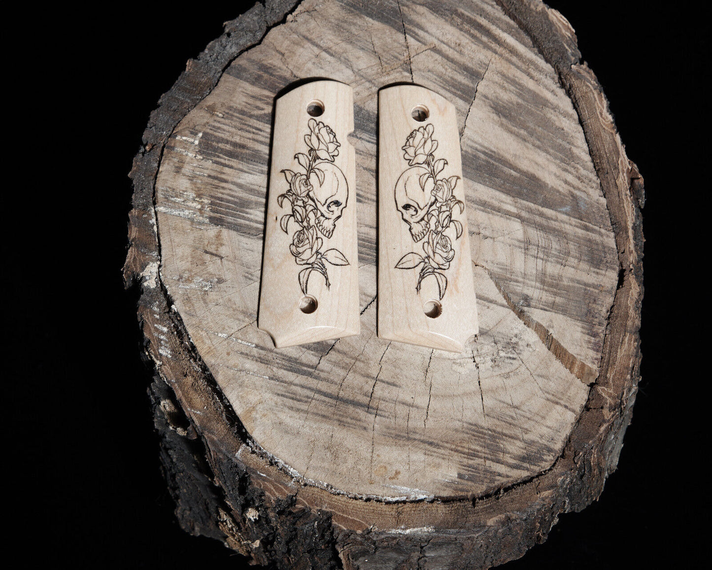 1911 grips Maple wood with laser etched pattern. Skull and Rose