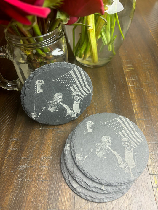 4Pcs Coaster Set 4" Round Slate Drink Coasters- Laser Engraved Trump Fight