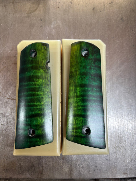Two Sets Made-to-Order 1911 Full Magwell Grips – Bookmatched Curly Maple with Black Sand-Off Finish