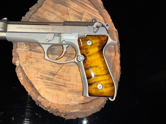 Premium Curly Maple Wood Grips for Beretta 92/96 FS – Black Sand-Off Dyed Finish