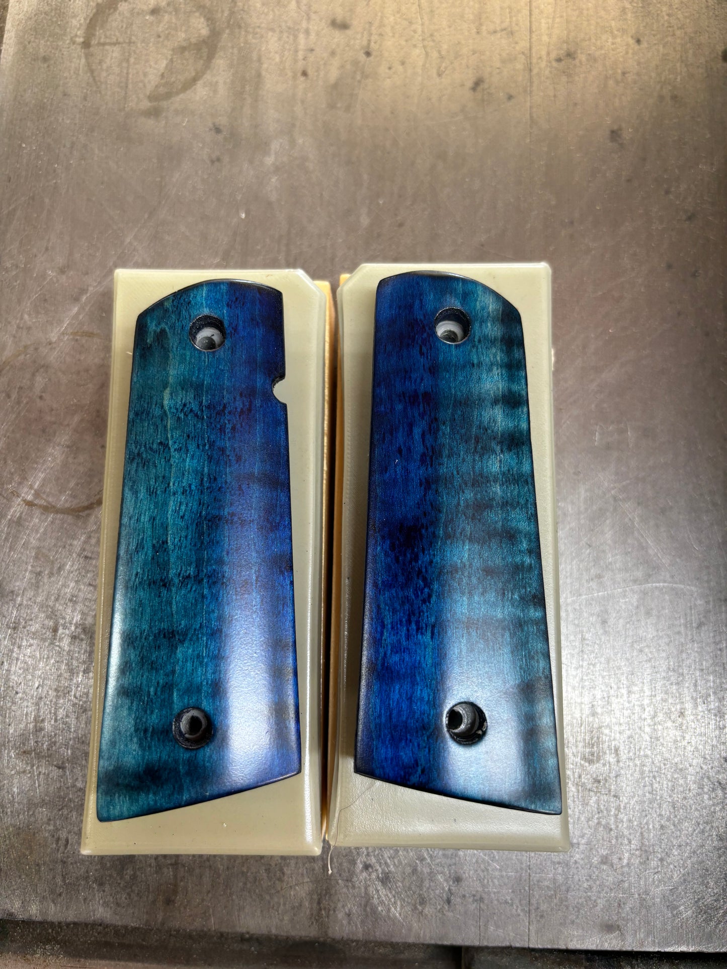 Two Sets Made-to-Order 1911 Full Magwell Grips – Bookmatched Curly Maple with Black Sand-Off Finish
